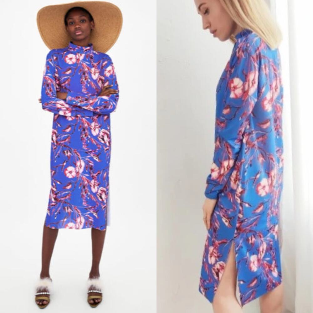 NWT ZARA Floral Tunic Midi Dress Blue/Pink Side Slit Size Large Resort Vacation